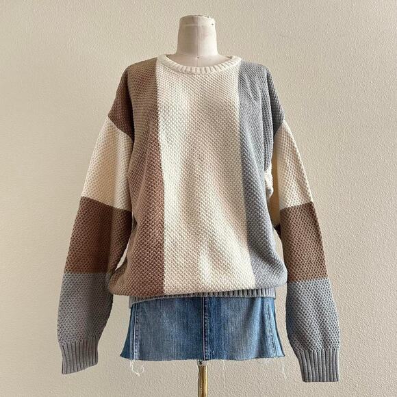 Vintage cream gray tan color block knit pullover sweater - Picture 1 of 8